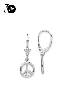 Rhodium over 14k white gold 3D peace symbol dangle earrings. Measure approximately 3/8"L x 3/8"W and have leverback closure. Peace Symbol, Dangle Earrings, White Gold, Gold, White