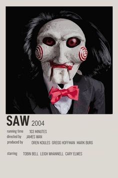 a poster with a creepy mask and red bow tie