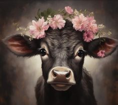 a painting of a cow with pink flowers on its head and eyes, looking at the camera