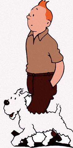 a drawing of a man with an orange hair and brown pants, standing next to a white dog