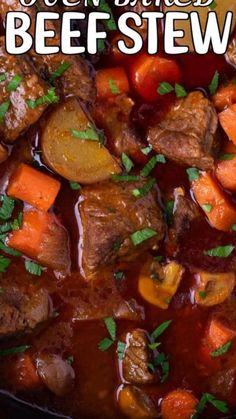 beef stew with carrots, potatoes and parsley in a skillet