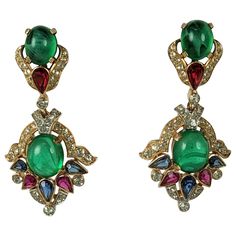 Rare Trifari Jewels of India Earrings from the Moghul series. Elaborate pave crystal stone work set in both gilt and rhodium metal with cabochon stones in jewel tones. 1960's USA. 2" x 1" Stone Work, Crystal Stone, Contemporary Jewelry, Jewel Tones, Indian Jewelry, Stones And Crystals, Fashion Art, Modern Furniture, Metallica