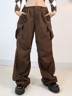 Vintage Brown Baggy Parachute Cargo Pants - AnotherChill Cargo Pants Brown, Parachute Cargo Pants, Parachute Cargo, Bandeau Crop Top, Pants Brown, Baggy Pant, Pop Punk, Crop Top Blouse, Exclusive Fashion