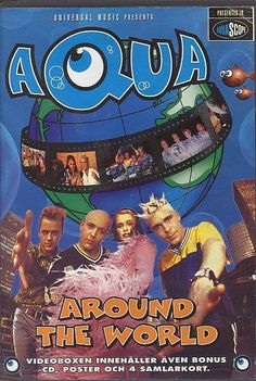 an advertisement for the movie aqua around the world, with people in various pictures on it