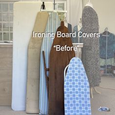 ironing board covers before and after being hung on a rack in a room filled with mattresses