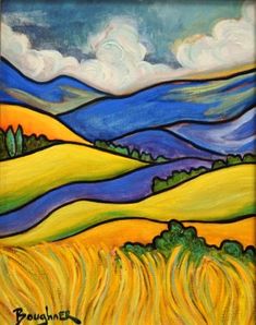 an acrylic painting of a yellow field with blue mountains in the back ground