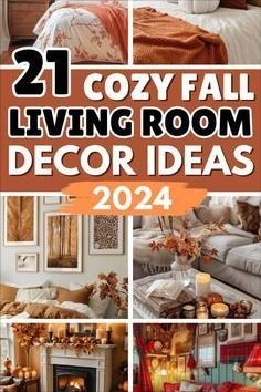 the cover of cozy fall living room decor ideas, including fireplaces and couches