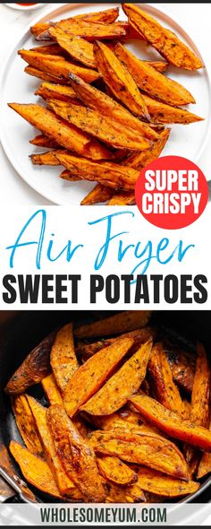 air fryer sweet potato wedges in a skillet with text overlay that reads, air fryer sweet potato wedges