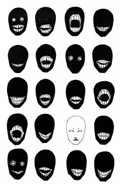 an image of creepy faces drawn in black and white with teeth on each one side