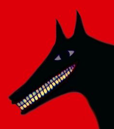 a black horse with glowing teeth on it's head is shown against a red background