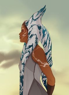 a drawing of a woman with her hands on her hips, standing in front of a cloudy sky