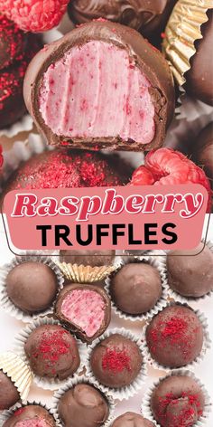 raspberry truffles with chocolates and strawberries in the background text reads raspberry truffles