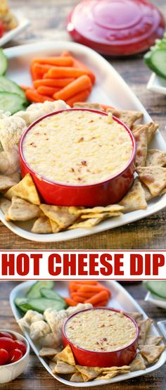 two pictures show the different types of dips and crackers on plates with vegetables