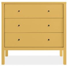 a yellow dresser with two drawers and one drawer on the bottom, in front of a white background