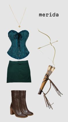 a woman's outfit and accessories including boots, an umbrella and a necklace with the word merida written on it