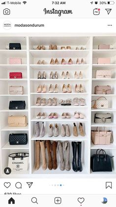 a white closet filled with lots of shoes and handbags on top of shelves next to each other