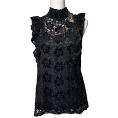 Nwt Cable & Gauge Sleeveless Black Velvet And Lace Top Front And Shoulder Ruffle Mock Neck. Fully Lined Tank. Romantic And Sexy! See Photos For Details And Measurements. Cute Double Button Back Neck. Date Night, Vacation, Feminine, Black Lace, Black Velvet, A0007 Sleeveless Lace Tank Top With Ruffles, Lace Party Vest Tank Top, Lace Party Tank Top, Fitted Sleeveless Lace Top With Ruffles, Fitted Sleeveless Lace Tank Top, Fitted Sleeveless Lace Blouse, Fitted Sleeveless Lace Top, Glamorous Fitted Tank Vest, Chic Sleeveless Lace Top With Ruffles