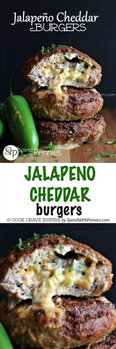 jalapeno cheddar burgers are stacked on top of each other