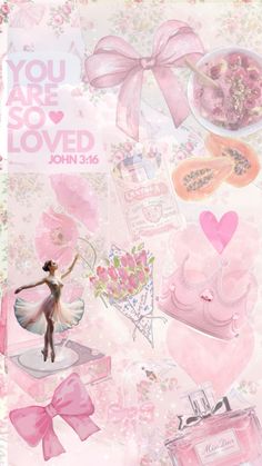 a collage of pink and white items with words you are so loved on them