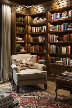 a chair and ottoman in front of a bookcase with many books on the shelves