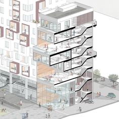 an architectural drawing of a building with stairs and balconies on the top floor