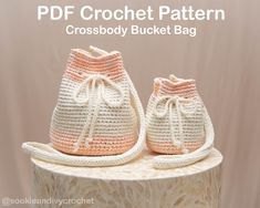 two crochet baskets sitting on top of a white table with text overlay that reads, pdf crochet pattern cross body bucket bag