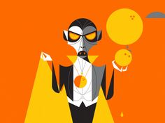 an illustration of a man with yellow eyes holding two balls in one hand and wearing a black suit on the other