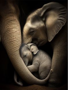 an adult elephant and baby elephant standing next to each other with their trunks curled up