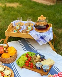 an outdoor picnic with food and drinks on the grass