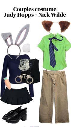 two outfits are shown with bunny ears on top and the words couples costume july hops + nick wilde below