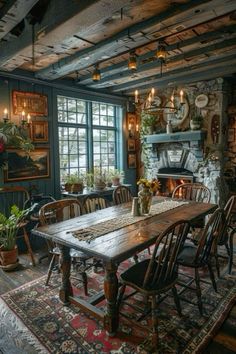 an old fashioned dining room with wooden tables and chairs in front of a stone fireplace