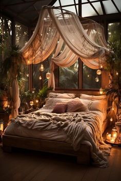 a bedroom with lots of plants and lights on the ceiling, including a canopy bed