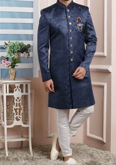 Men's Indo Western Party Wear Sherwani Suit - db20462 Formal Straight Kurta Salwar Kameez With Cutdana, Formal Salwar Kameez With Zari Work For Transitional Season, Formal Long Embroidered Kurta, Formal Salwar Kameez For Eid With Traditional Drape, Formal Embroidered Sherwani Straight Kurta, Formal Fitted Kurta With Chikankari Embroidery, Unstitched Straight Kurta For Formal Occasions, Ceremonial Jamawar Kurta With Cutdana Details, Formal Semi-stitched Traditional Wear With Zari Work