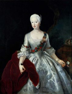 a painting of a woman in a white dress and red velvet skirt sitting on a chair