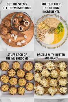 four different types of mushrooms are shown in this image, including broccoli and other foods