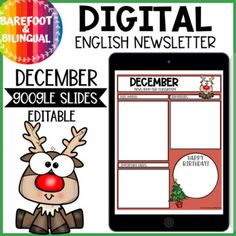 a digital christmas newspaper with reindeers on it and the text, december google slides editable