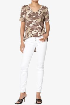 This camo-printed top is a surprisingly versatile piece you'll want to wear with everything. Add a touch of trend-right camo to your off-duty wardrobe with this soft, comfy jersey tee. Tuck in to denim or leather pants, versatile cool-girl silhouette that go from day to night with ease.V-Neck, Short SleevesCurved hem, Extended length for cover your hipLightweight soft & comfy stretchy jersey knit fabricSize Guide : Fits true to US size, take your normal sizeModel size : 5'3" height, 34" bust, 24 Summer Stretch Camouflage Tops, Trendy Camouflage Tops For Summer, Casual Camouflage Tops For Spring, Casual Camouflage Short Sleeve Tops, Casual Camouflage Fall Tops, Trendy Camouflage Tops For Spring, Spring Stretch Camouflage Top, Trendy Summer Camouflage Top, Trendy Camouflage Summer Top