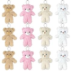 six different colored teddy bears are hanging from the same line, each with an individual's face