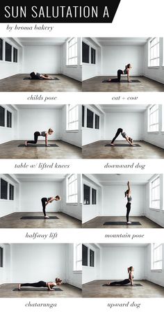 a series of photos showing how to do the sun salutation with yoga mats