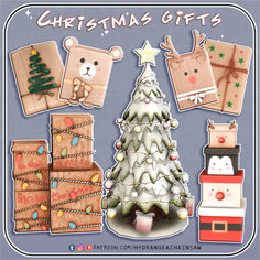 a christmas tree surrounded by gift boxes and other holiday items with the words christmas gifts written on them