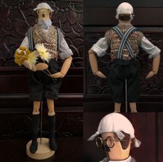 three different images of a doll with glasses and a hat holding flowers in his hands