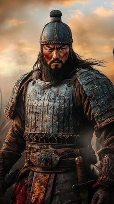 a man with long hair and a beard wearing armor standing in front of a cloudy sky