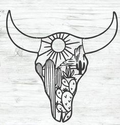 a drawing of a bull's head with cactus and sun on it