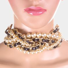 Style No : [374291] Pn1784-Gp-Crm-Dual Color : Cream, Gold Theme : Pearl Necklace Size : 9" + 8" L Decor Size : 2" L Earring Size : 2.25" L Dual Braided Pearl Metal Chain Necklace / Bracelet White Adjustable Chain Choker For Party, Gold Pearl Chain Choker For Party, Trendy Gold Pearl Choker, Pearl Chain Choker For Party, Pearl Choker With Chain Detail, Pearl Chain Choker Necklace For Party, Trendy Pearl Chain Choker For Party, Chic Gold Pearl Chain Choker, Trendy Gold Pearl Chain Choker