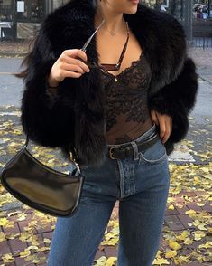 Baddie winter outfit idea for going out in this black lace bodysuit, jeans and fur coat. Bodysuit baddie outfit to wear when it's cold outside. Cold Night Out Outfit, Lingerie Outfit Going Out, Black Fur Jacket, Bodysuit Jeans, Faux Fox Fur Coat, Lingerie Outfit Night, Winter Cool, Faux Fur Collar Coat, Black Fur Coat