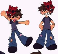 three cartoon boys with red bows on their heads and one boy wearing blue jeans, the other