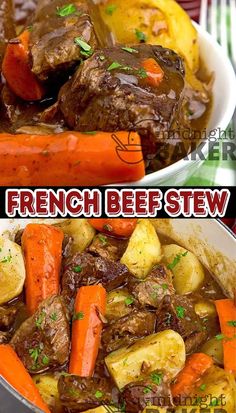 two pictures of beef stew with carrots and potatoes