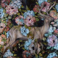 a painting of a deer surrounded by flowers and leaves on a black background with blue, pink, red, orange and white colors