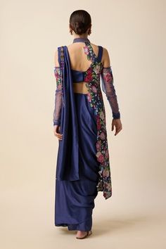 Navy pre-draped saree with pleated detailing. Paired with sleeveless padded blouse and multicolor thread, sequin, stone embroidered one sided jacket with attached collar. - Aza Fashions Fitted Blouse With Draped Sleeves, Fitted Pre-draped Blouse Piece, Fitted Blue Draped Saree, Fitted Draped Blue Blouse Piece, Fitted Sets With Draped Sleeves, Fitted Draped Unstitched Blouse Set, Fitted Draped Set With Unstitched Blouse, Off Shoulder Sleeves, Padded Blouse