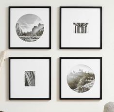 four black and white pictures hanging on the wall